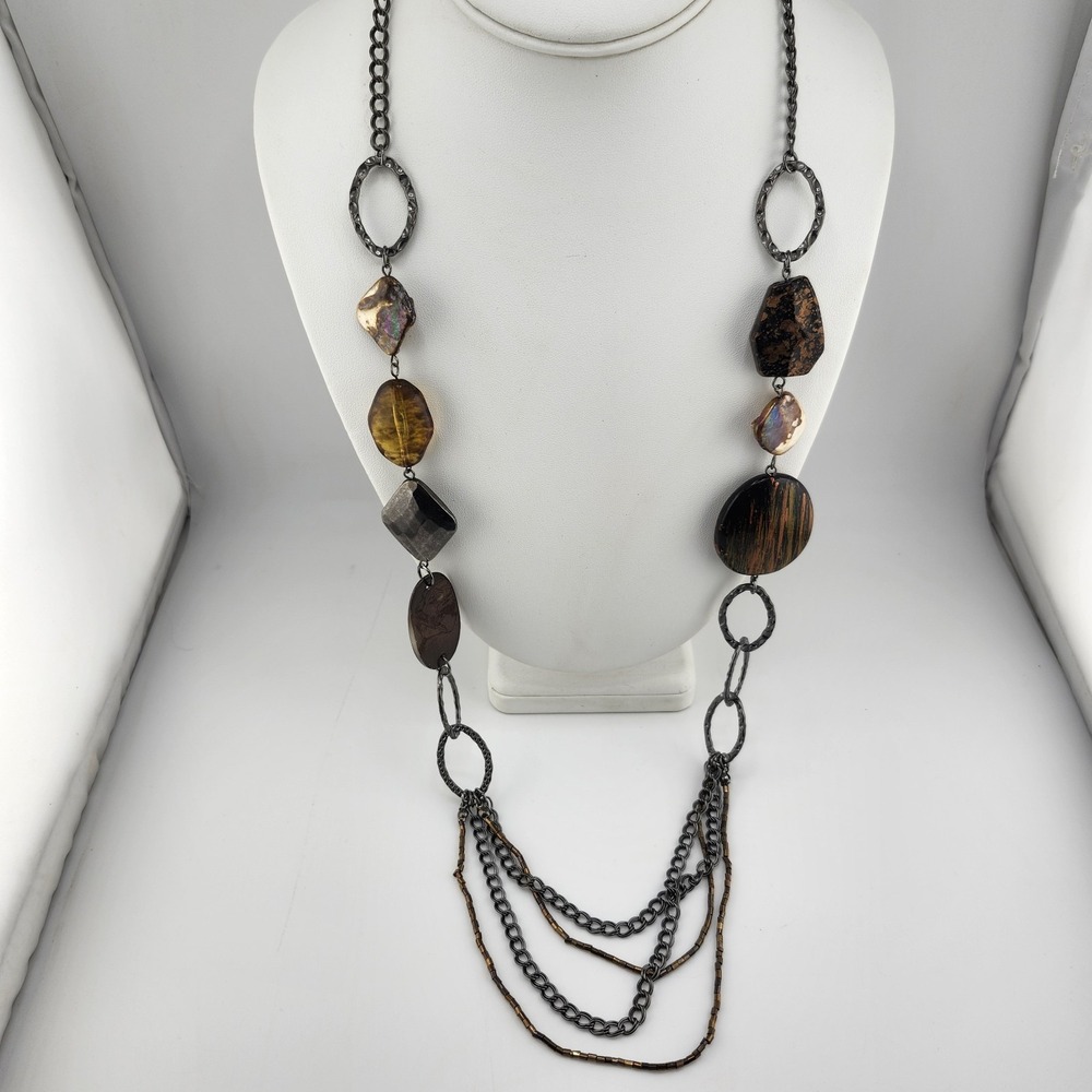 Long Gun Metal Bead Shell Layered Necklace